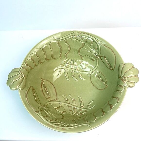 Magenta Pottery Handle Serving Salad Bowl Lobster Design Ceramic Olive Green - Picture 3 of 11